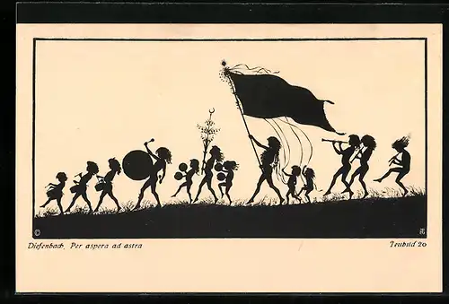 Künstler-AK Diefenbach: Per aspera ad astra, Scherenschnitt, Musiker mit Schellenbaum u. Fahne