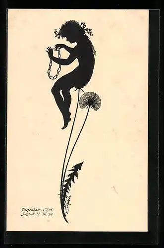 Künstler-AK Diefenbach: Silhouette, Mädchen mit Kette auf Pusteblume sitzend