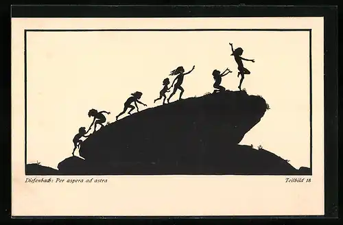 Künstler-AK Diefenbach: Per aspera ad astra, Teilbild 18, Kinder tanzen auf einem Felsen, Schattenbild