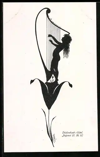 Künstler-AK Diefenbach: Junges Mädchen an der Harfe, Schattenbild