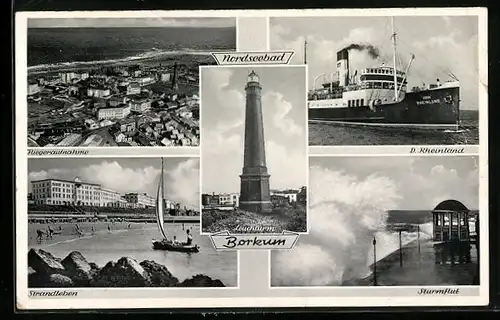 AK Borkum, Leuchtturm, Strand, Ortsansicht vom Flugzeug aus