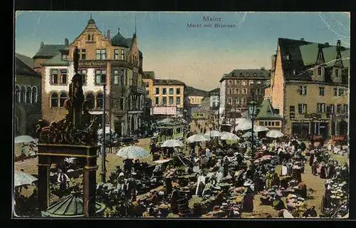 AK Mainz, Markt mit Brunnen und Geschäften