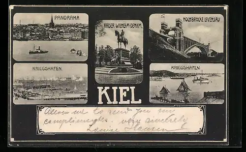 AK Kiel, Dampfer am Kriegshafen, Kaiser Wilhelm-Denkmal