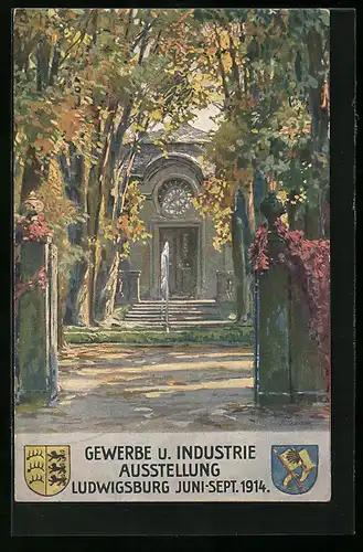 Künstler-AK Ludwigsburg, Gewerbe- und Industrie-Ausstellung 1914, Gebäude mit Springbrunnen