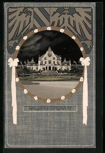 AK Nürnberg, Jubiläums-Landes-Ausstellung 1906, Hauptrestaurant bei Nacht, Wappen