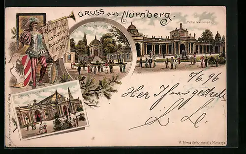 Lithographie Nürnberg, Bayer. Landes-Ausstellung 1896, Maschinenhalle, Trompeter