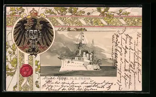 Präge-Lithographie Kriegsschiff SMS Freya