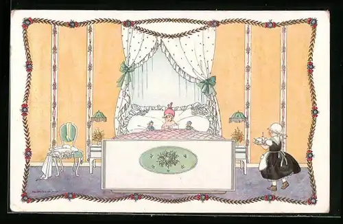 Künstler-AK Mela Köhler: Gutbetuchte wird von Dienstmädchen bedient