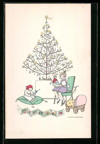 Künstler-AK Mela Köhler: Kinder spielen vor dem Weihnachtsbaum mit Spielzeug