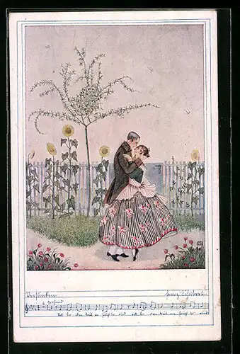 Künstler-AK Mela Köhler: Liebespaar vor einem Zaun, Deutscher Schulverein