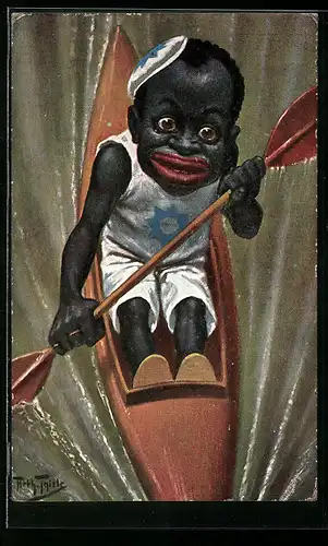 Künstler-AK Arthur Thiele: kleiner schwarzer Ruderer, Kajak