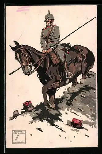 Künstler-AK Ludwig Hohlwein: Soldat mit feldgrauer Uniform und Pickelhaube reitet mit seinem Pferd über einen Hügel