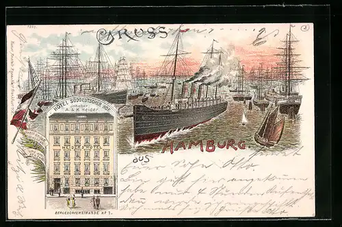 Lithographie Hamburg, Hotel Süddeutscher Hof in der Bergedorfer Str. 7, Hafen mit Dampfer