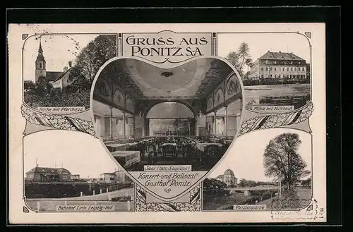 AK Ponitz S.-A., Konzert und Ballsaal Gasthof Ponitz, Kirche mit Pfarrhaus, Mühle, Bahnhof und Pleissenpartie