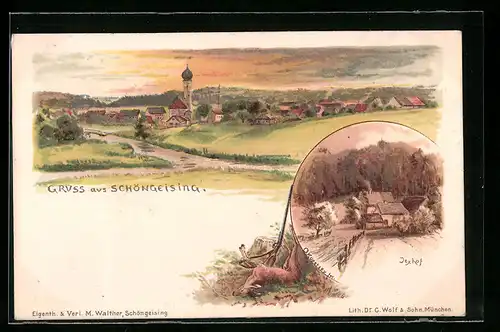 Lithographie Schöngeising, Jexhof und Panorama