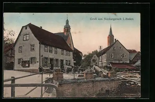 AK Neckargerach, Gemischtwaren-Geschäft, Blick zur Kirche