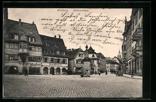 AK Würzburg, Zellerstrasse mit Geschäften und Brunnen