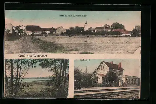 AK Wünsdorf, Bahnhof von der Gleisseite, Ortsansicht