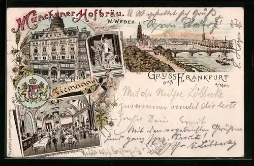 Lithographie Frankfurt a. Main, Gasthaus Münchener Hofbräu, Innenansicht, Teilansicht