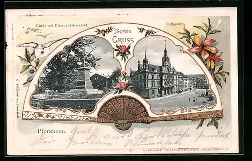 Passepartout-Lithographie Pforzheim, Linde mit Bismarckdenkmal und Rathaus im Fächer