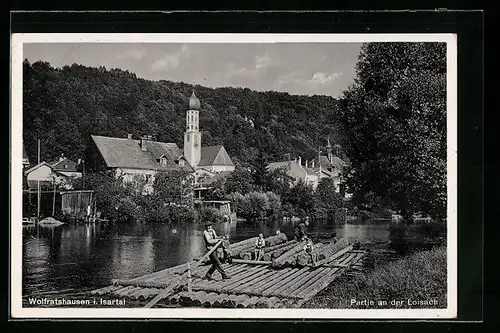 AK Wolfratshausen i. Isartal, Partie an der Loisach mit Flössern, Forstwirtschaft