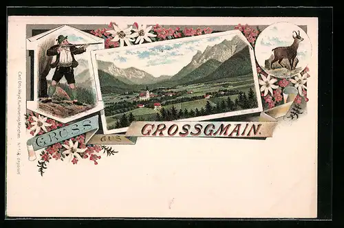Lithographie Grossgmain, Panorama, Gams, Jäger mit Gewehr