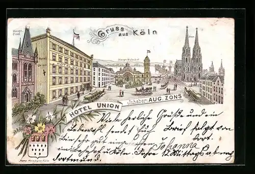 Lithographie Köln, Hotel Union mit Hauptpost, Dom und Strassenbahn