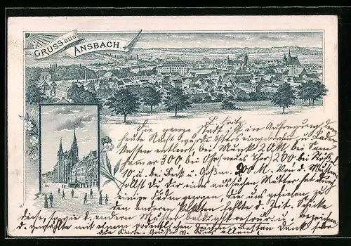 Lithographie Ansbach, Teilansicht, Strassenpartie mit Kirche