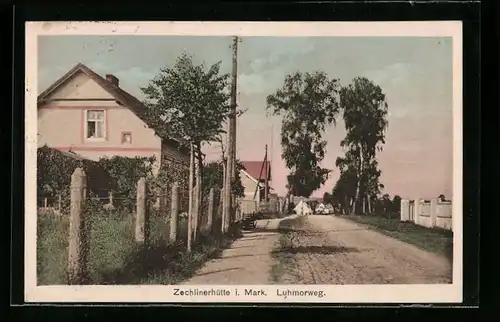AK Zechlinerhütte i. Mark, Strasse Luhmorweg mit Bäumen