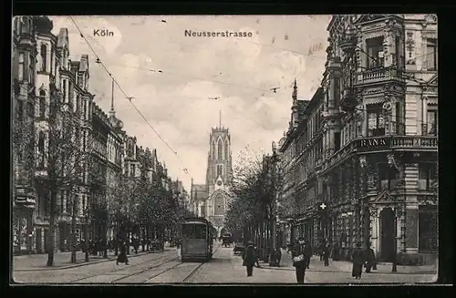 AK Köln, Neusser Strasse mit Bank und Strassenbahn