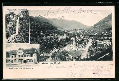 AK Urach, Gasthaus zum Schwanen, Wasserfall, Stadtpanorama