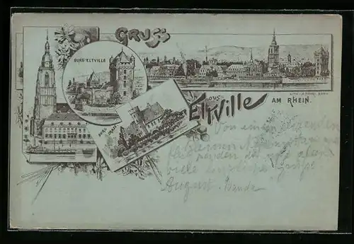 Lithographie Eltville am Rhein, Burg Eltville, Burg Crass, Kirche