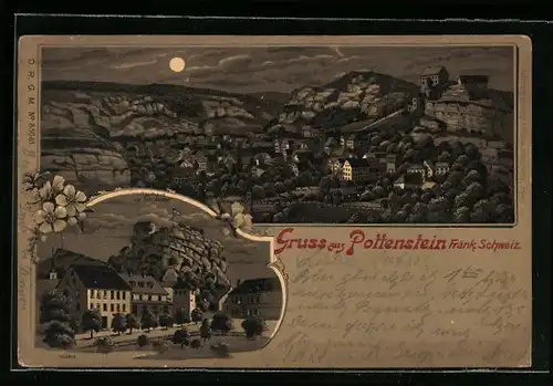 Mondschein-Lithographie Pottenstein /Fränk. Schweiz, Gasthaus von Joh. Distler und Teilansicht bei Vollmond