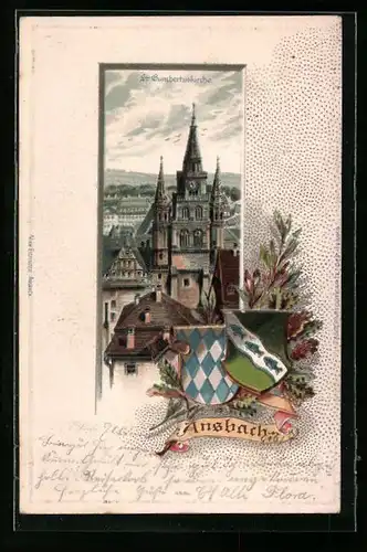 Passepartout-Lithographie Ansbach, St. Gumbertuskirche im Stadtbild, Wappen
