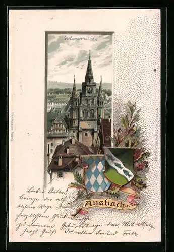 Passepartout-Lithographie Ansbach, St. Gumbertuskirche im Stadtbild, Wappen