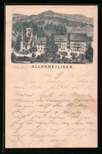Lithographie Allerheiligen, Ortsansicht mit Ruine