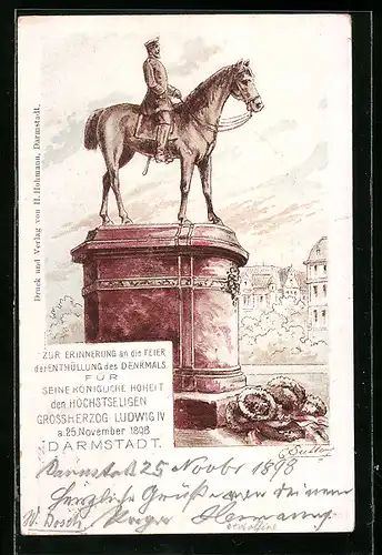 Lithographie Darmstadt, Feier der Enthüllung des Denkmals für Seine Königliche Hoheit Grossherzog Ludwig IV. 1898