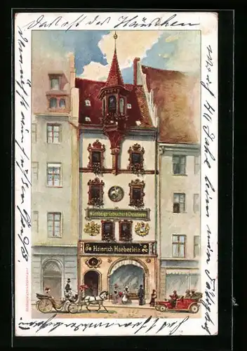 Künstler-AK Nürnberg, Hoflebkuchen- u. Chocoladen-Fabrik Heinrich Haeberlein, Königstrasse 6