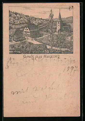 Lithographie Marxzell, Ortsansicht mit Kirche