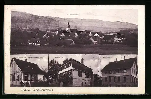 AK Lorenzenzimmern, Spezereihandlung Karl Schwarz, Pfarrhaus, Schulhaus, Ortsansicht