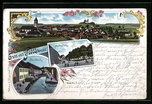Lithographie Floss /Oberpfalz, Marktplatz, Flossbach, Ortsansicht