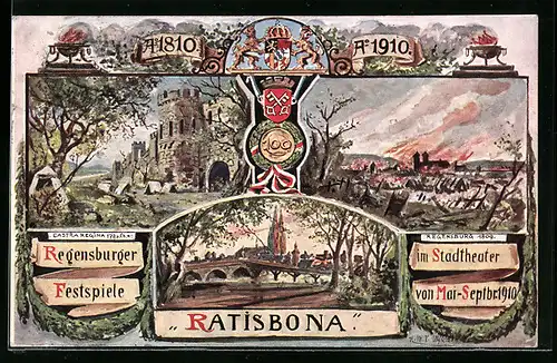 AK Regensburg, Volksfest Ratisbona, Regensburger Festspiele, Mai-Sept 1910