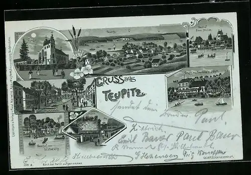 Lithographie Teupitz, Tornows Idyll, Gasthof v. W. Marwitz, Gasthof v. Frau Mende