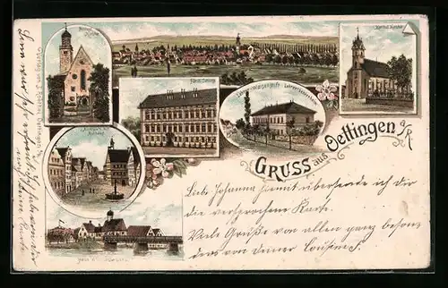 Lithographie Oettingen, Fürstl. Schloss, Lehrer-Waisenstift und Lehrertöchterheim