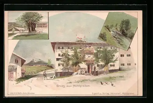 Künstler-AK Erl, Gasthaus Mühlgraben, Ortspartien