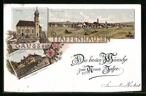 Lithographie Pfaffenhausen, Kirche, Hauptansicht, Blinden-Anstalt