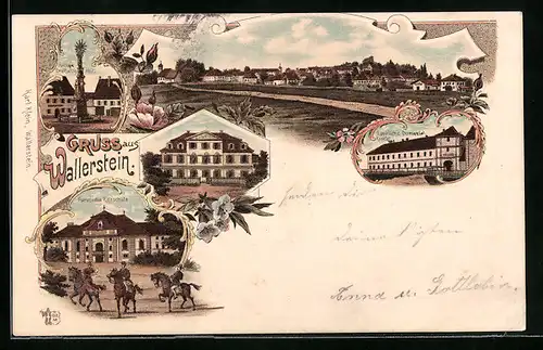 Lithographie Wallerstein, Fürstliche Reitschule, Fürstl. Domanial Kanzlei, Heilige Dreifaltigkeit