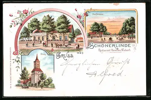 Lithographie Schönerlinde, Restaurant Wichert, Kirche, Dorfstrasse