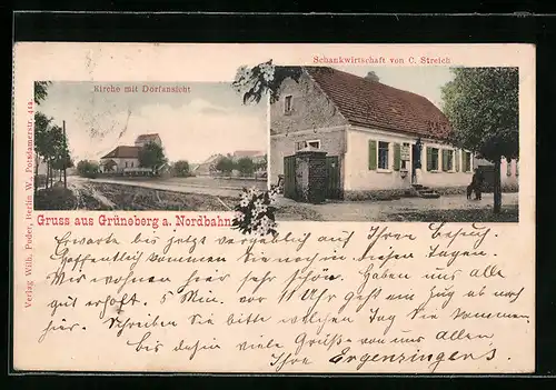 AK Grüneberg a. Nordbahn, Gasthaus von C. Streich, Kirche