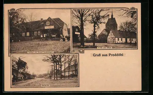 AK Preddöhl, Gasthof von Arnold Bredenhagen, Kirche und Schule